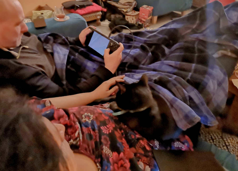 Back from Egypt and cosy on the couch next to Rich with the cat on my lap